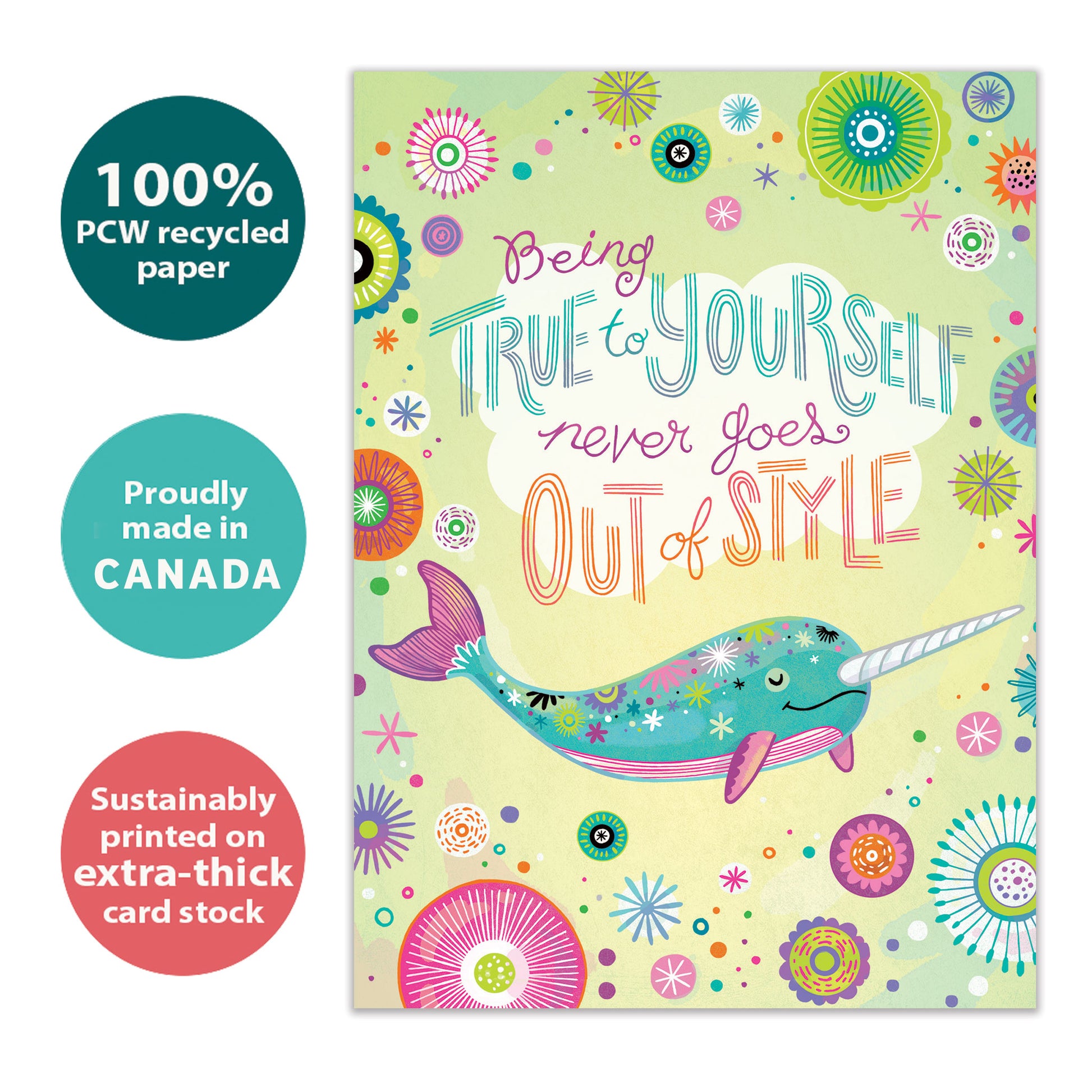 Front view of a Birthday greeting card with a pastel-colored narwhal and a message about being true to yourself, highlighting its eco-friendly materials and made in Canada.