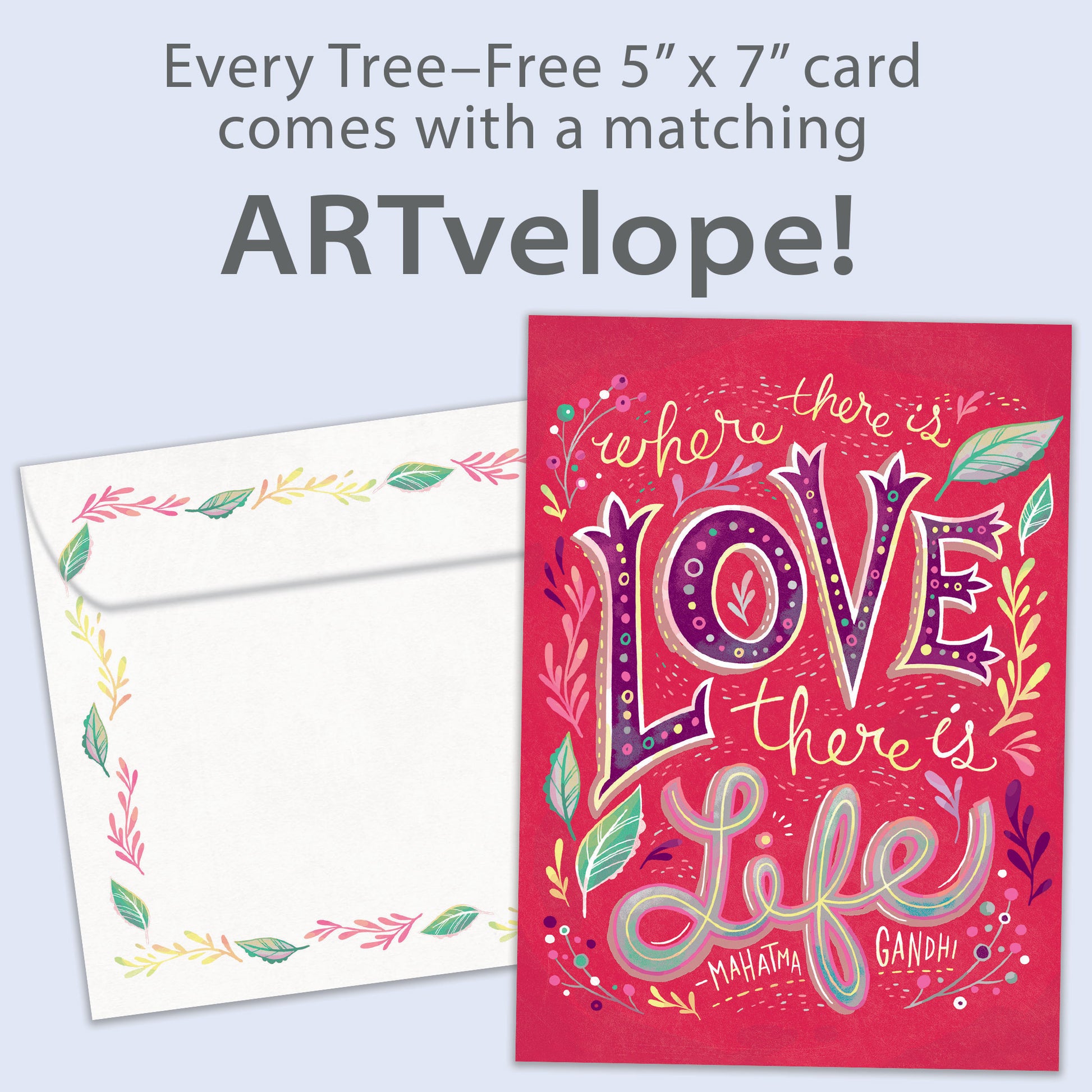 Front view of a Birthday greeting card featuring a pink background with the words "where there is love there is life", with matching envelope artwork.