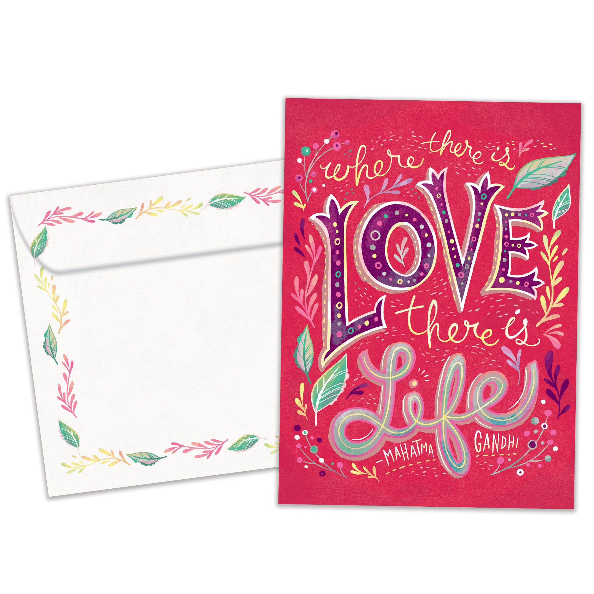 Front view of a Birthday greeting card featuring a pink background with the words "where there is love there is life", with a matching envelope.