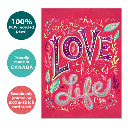 Front view of a Birthday greeting card with a pink background and the words "where there is love there is life", highlighting its eco-friendly materials and made in Canada.