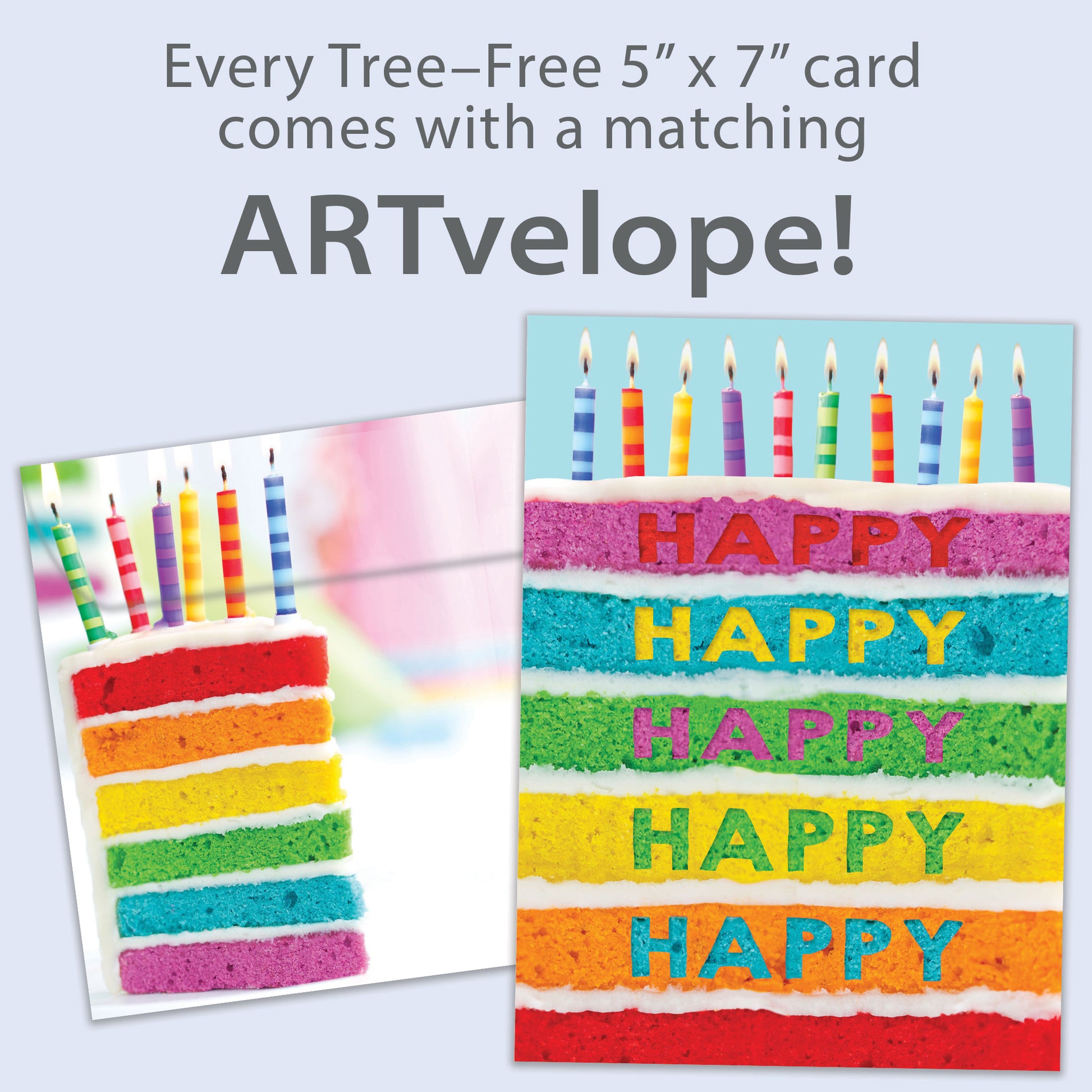 Front view of a Birthday greeting card featuring a slice of cake with colourful layers and birthday candles, with matching envelope artwork.