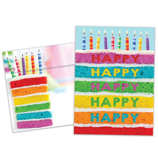 Front view of a Birthday greeting card featuring a slice of cake with colourful layers and birthday candles, with a matching envelope.