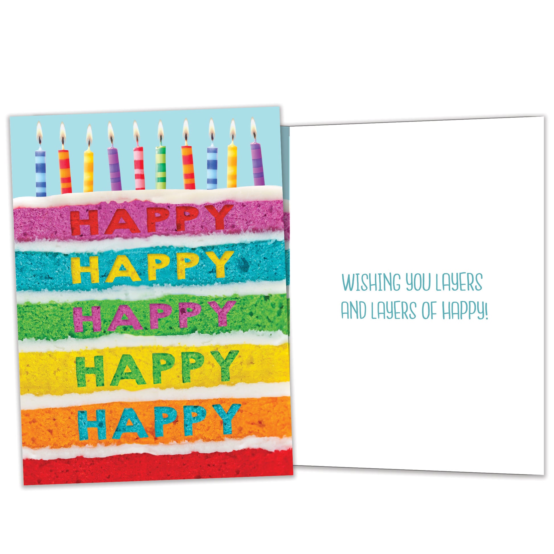Front and inside view of a Birthday greeting card featuring a slice of cake with colourful layers and birthday candles, with matching design details inside.