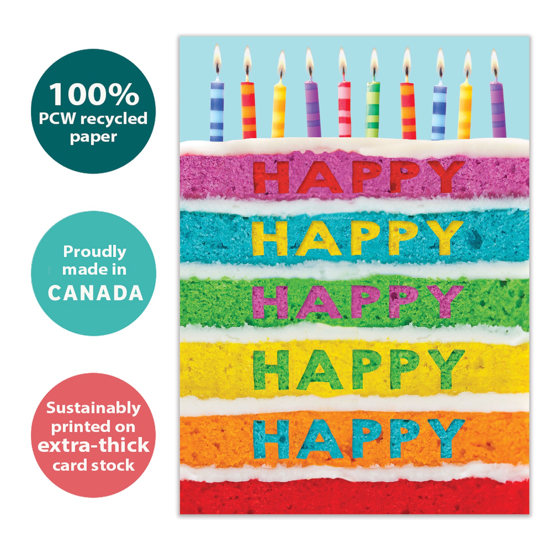 Front view of a Birthday greeting card with a slice of cake with colourful layers and birthday candles, highlighting its eco-friendly materials and made in Canada.