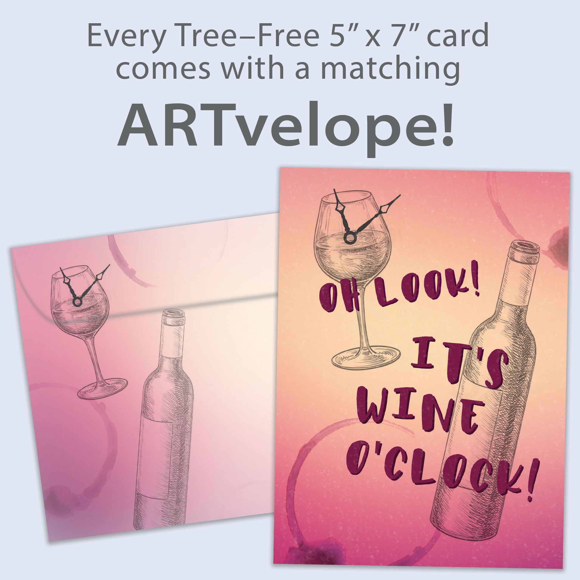Front view of a Birthday greeting card featuring a sketch of a wine glass with a clock and the words "It's wine o'clock", with matching envelope artwork.