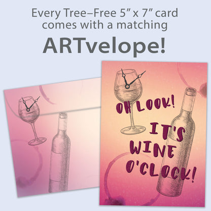 Front view of a Birthday greeting card featuring a sketch of a wine glass with a clock and the words "It's wine o'clock", with matching envelope artwork.