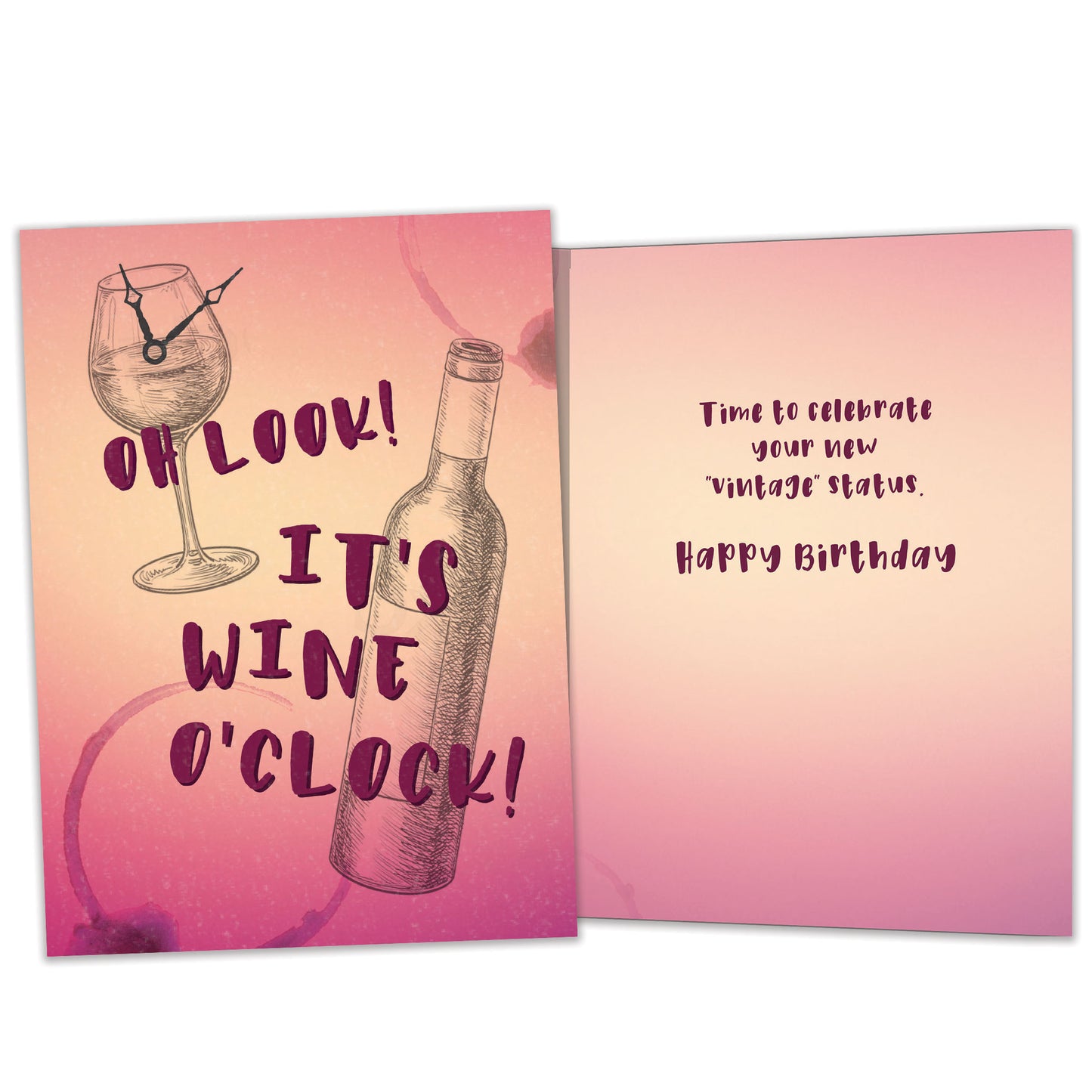Front and inside view of a Birthday greeting card featuring a sketch of a wine glass with a clock and the words "It's wine o'clock", with matching design details inside.