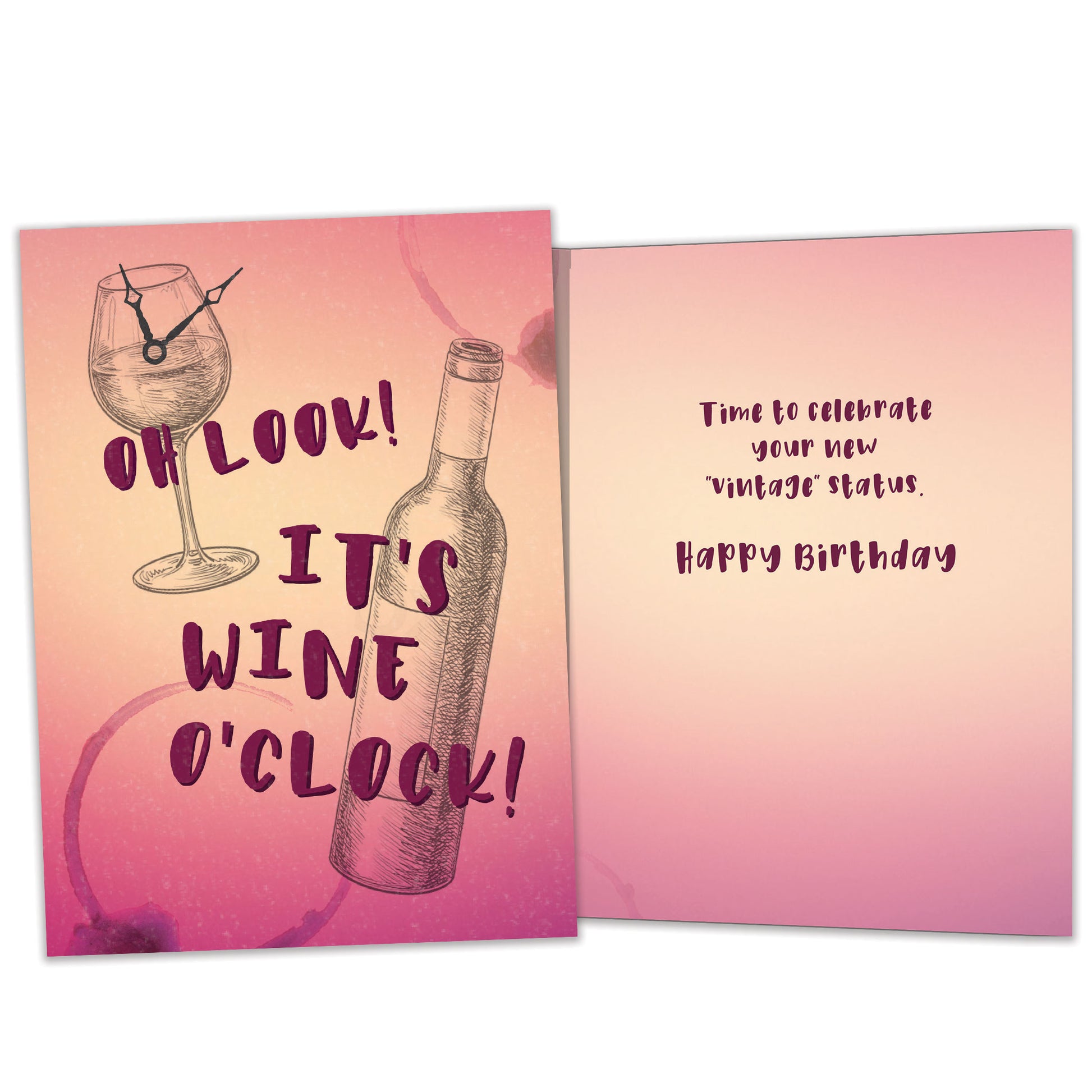 Front and inside view of a Birthday greeting card featuring a sketch of a wine glass with a clock and the words "It's wine o'clock", with matching design details inside.