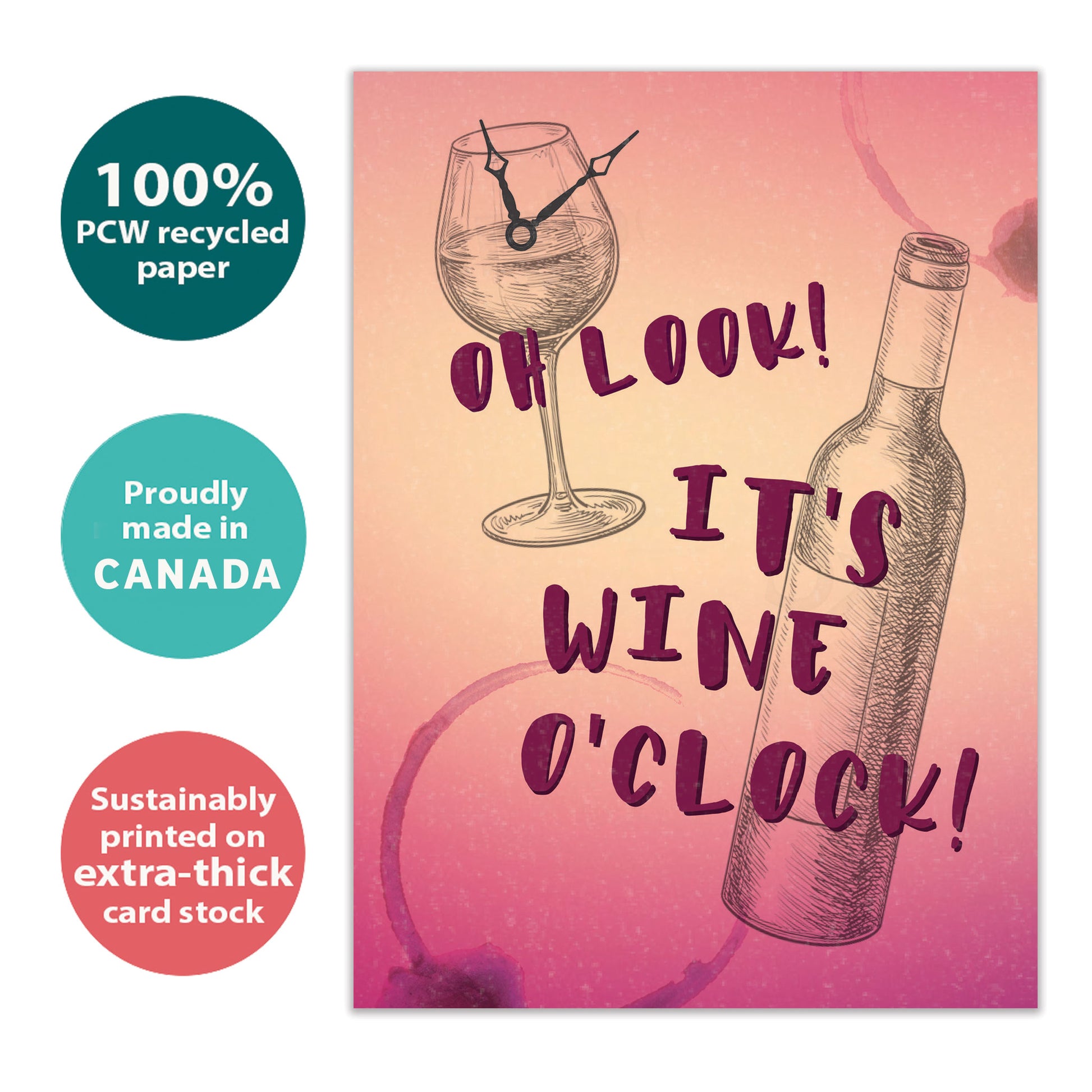 Front view of a Birthday greeting card with a sketch of a wine glass with a clock and the words "It's wine o'clock", highlighting its eco-friendly materials and made in Canada.
