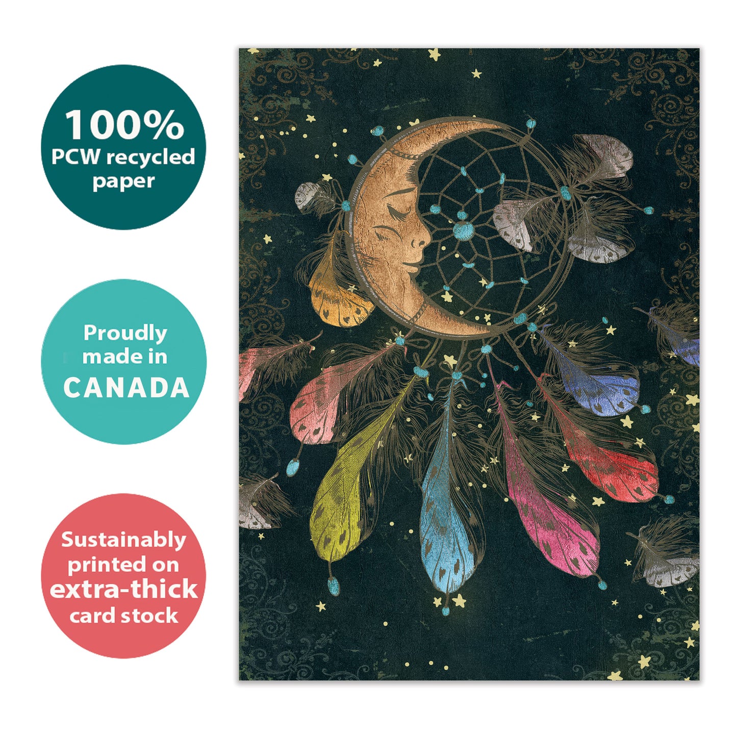 Front view of a Birthday greeting card with an illustration of a sleeping moon dreamcatcher, highlighting its eco-friendly materials and made in Canada.