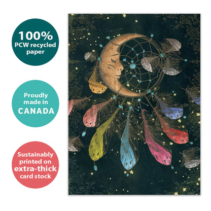 Front view of a Birthday greeting card with an illustration of a sleeping moon dreamcatcher, highlighting its eco-friendly materials and made in Canada.