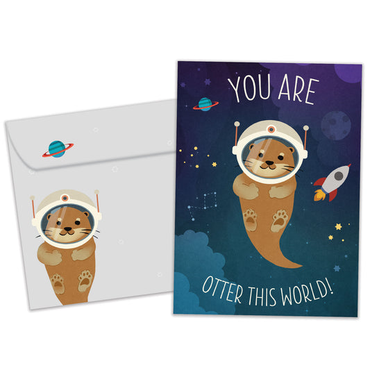 Front view of a Birthday greeting card featuring an otter in space with the message "You are otter this world!", with a matching envelope.