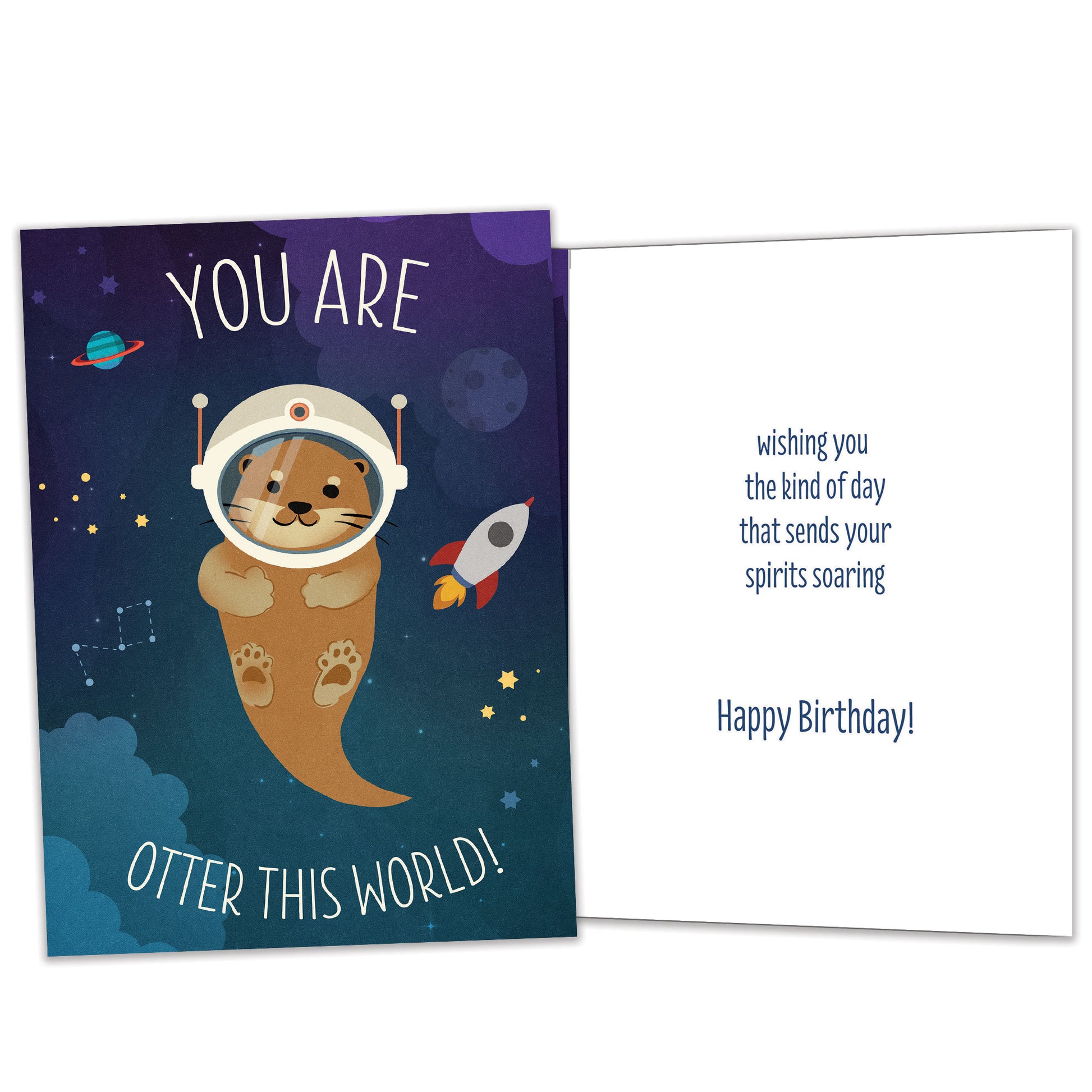 Front and inside view of a Birthday greeting card featuring an otter in space with the message "You are otter this world!", with matching design details inside.