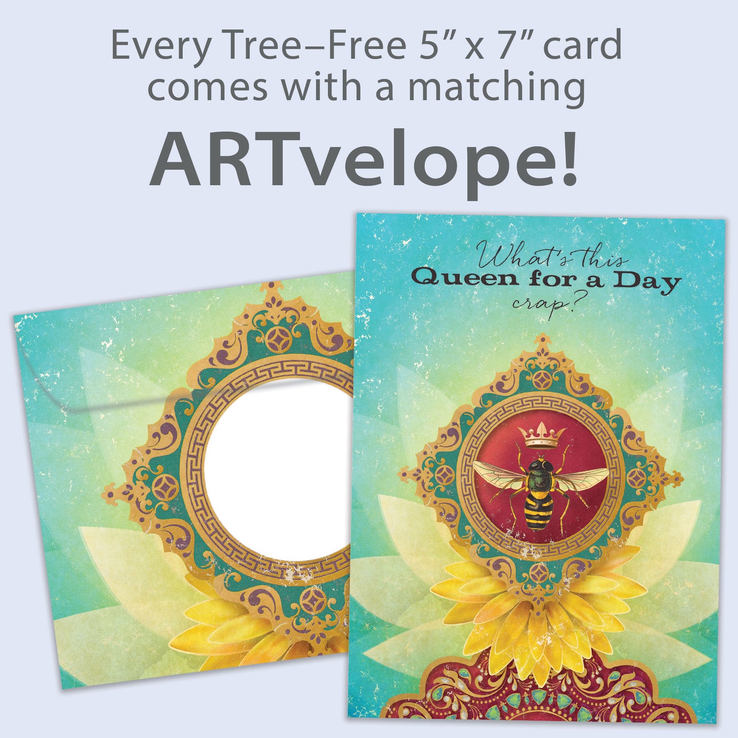Front view of a Birthday greeting card featuring a Queen bee design with the message "queen for a day", with matching envelope artwork.