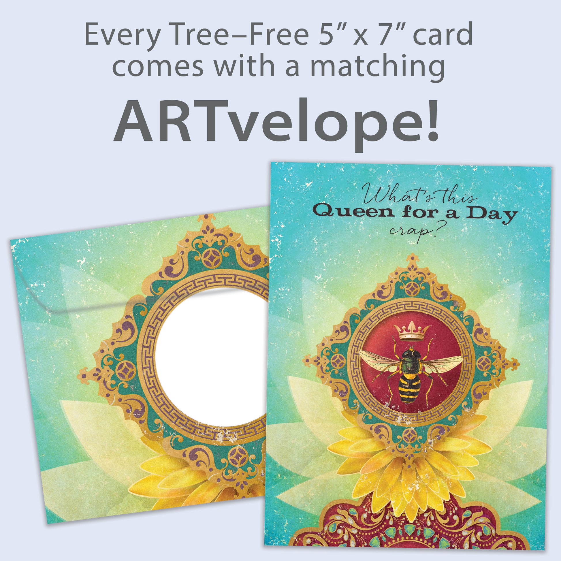 Front view of a Birthday greeting card featuring a Queen bee design with the message "queen for a day", with matching envelope artwork.