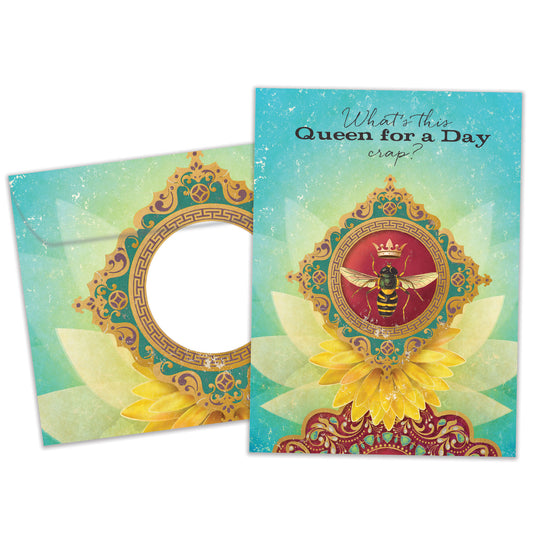 Front view of a Birthday greeting card featuring a Queen bee design with the message "queen for a day", with a matching envelope.