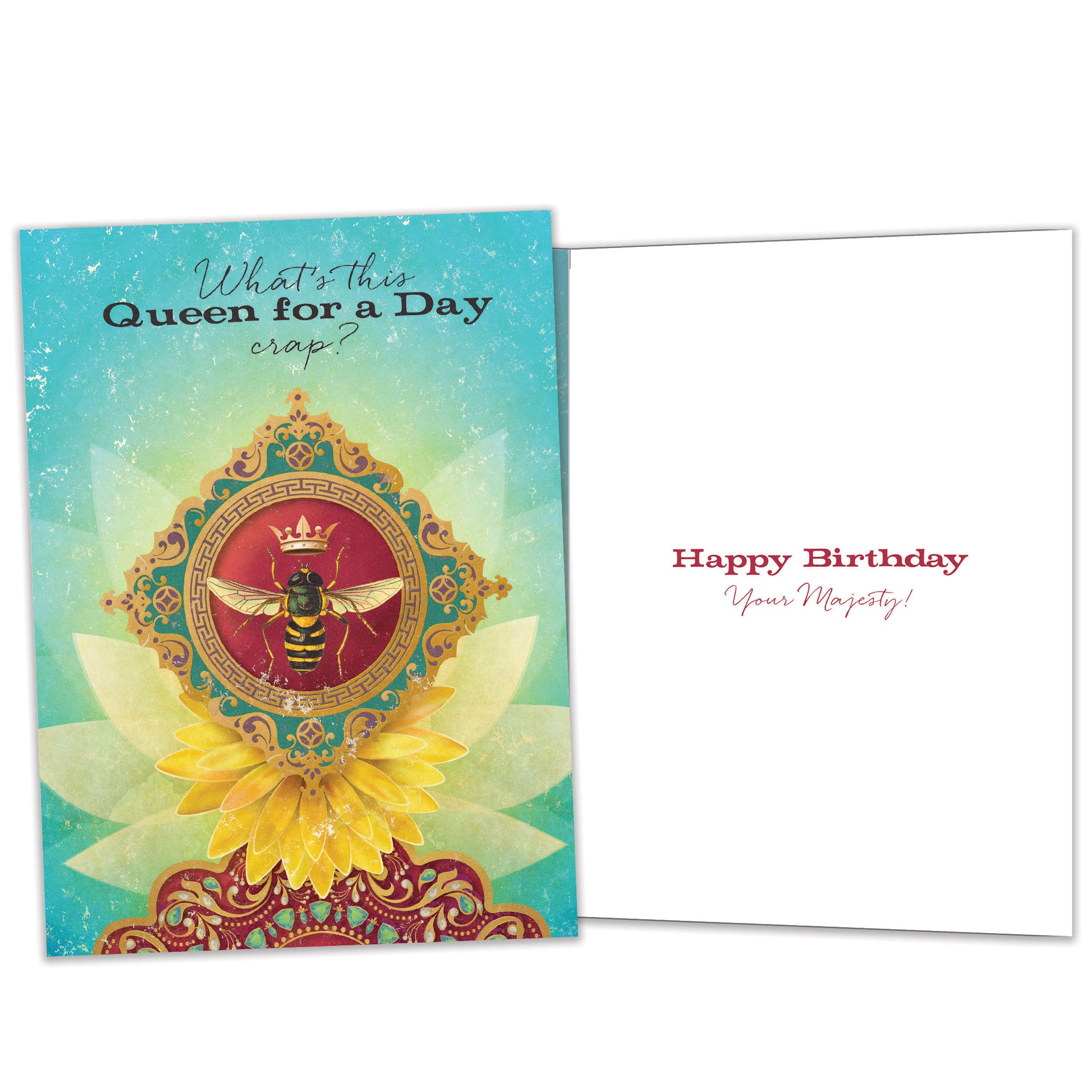 Front and inside view of a Birthday greeting card featuring a Queen bee design and the message "queen for a day", with matching design details inside.