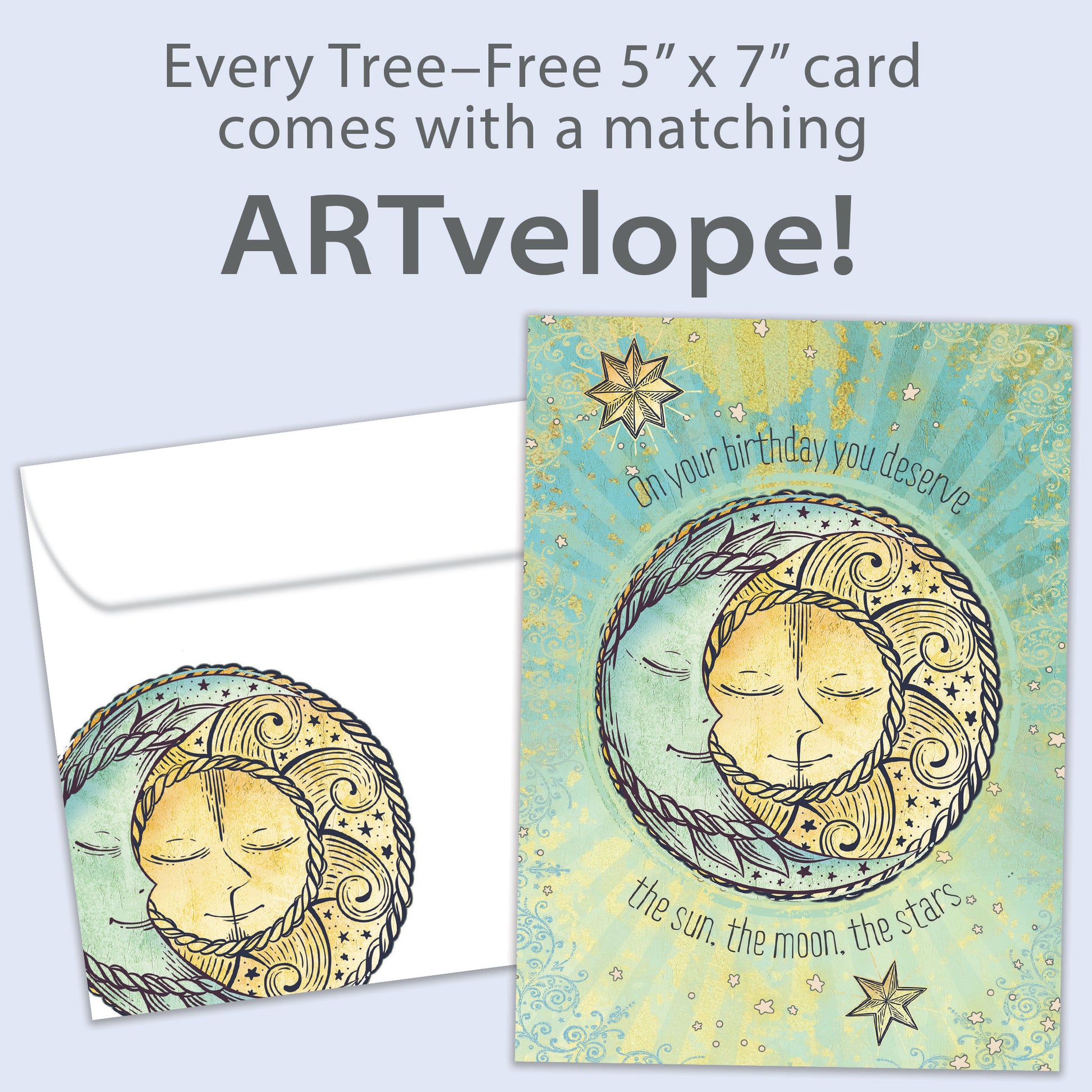 Front view of a Birthday greeting card featuring the sun, moon, and stars with a heartfelt message, with matching envelope artwork.