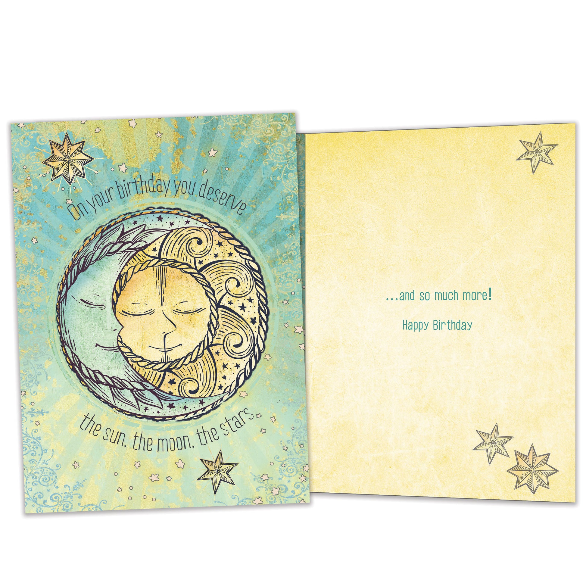 Front and inside view of a Birthday greeting card featuring the sun, moon, and stars with a heartfelt message, with matching design details inside.
