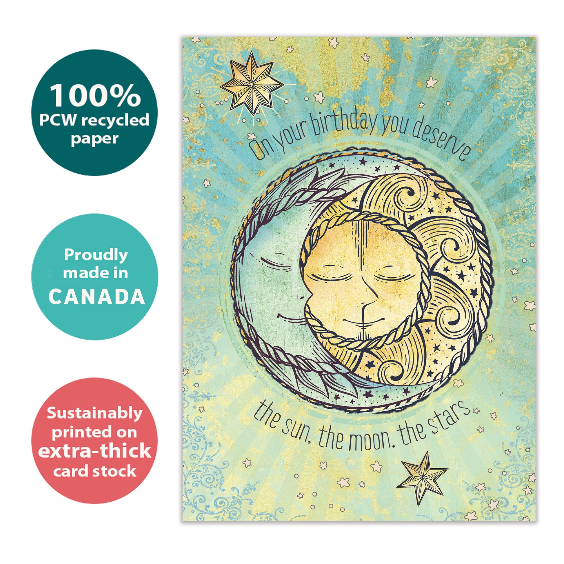 Front view of a Birthday greeting card with the sun, moon, and stars and a heartfelt message, highlighting its eco-friendly materials and made in Canada.