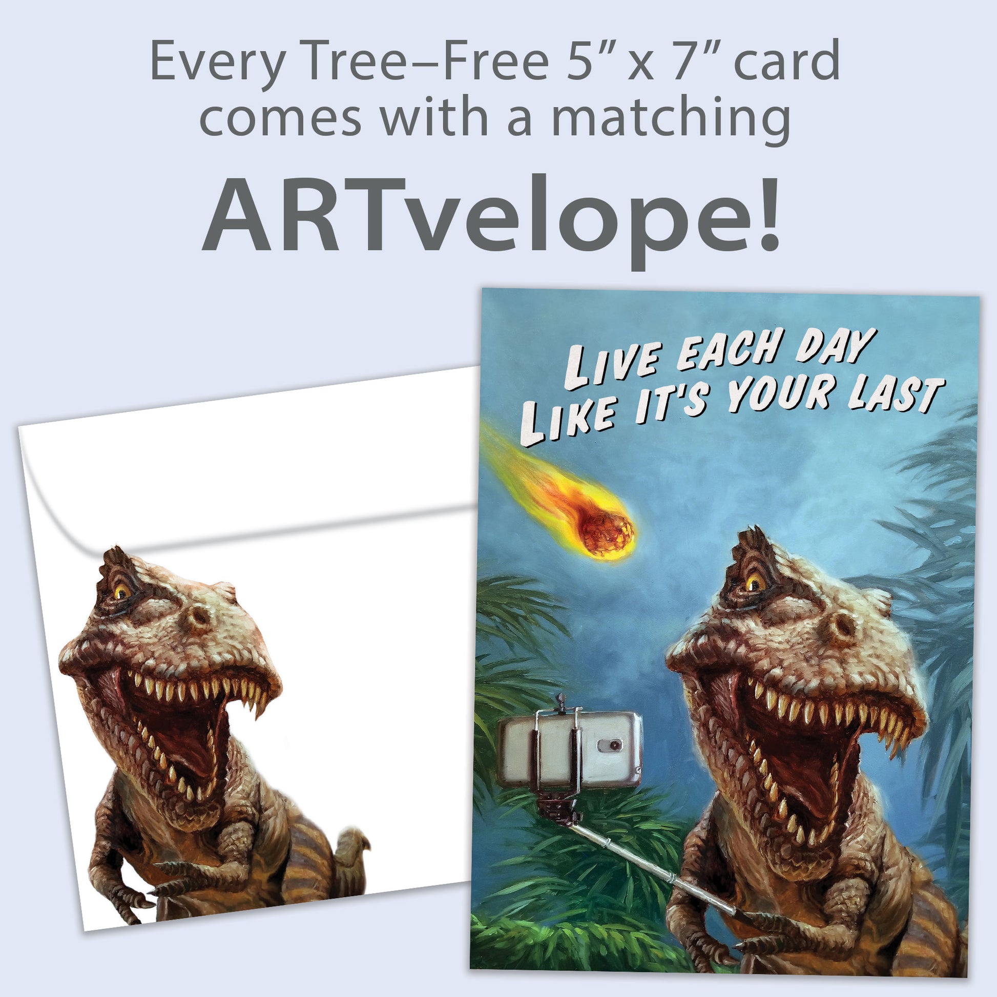 Front view of a Birthday greeting card featuring a dinosaur taking a selfie with a fireball flying towards it, with matching envelope artwork.