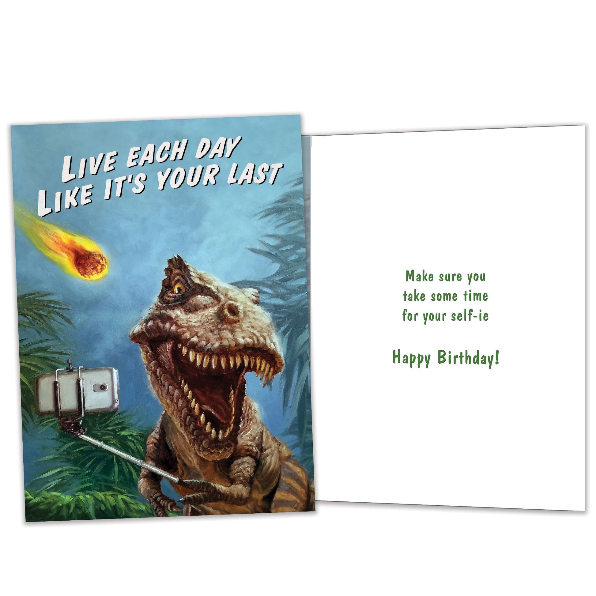 Front and inside view of a Birthday greeting card featuring a dinosaur taking a selfie with a fireball flying towards it, with matching design details inside.
