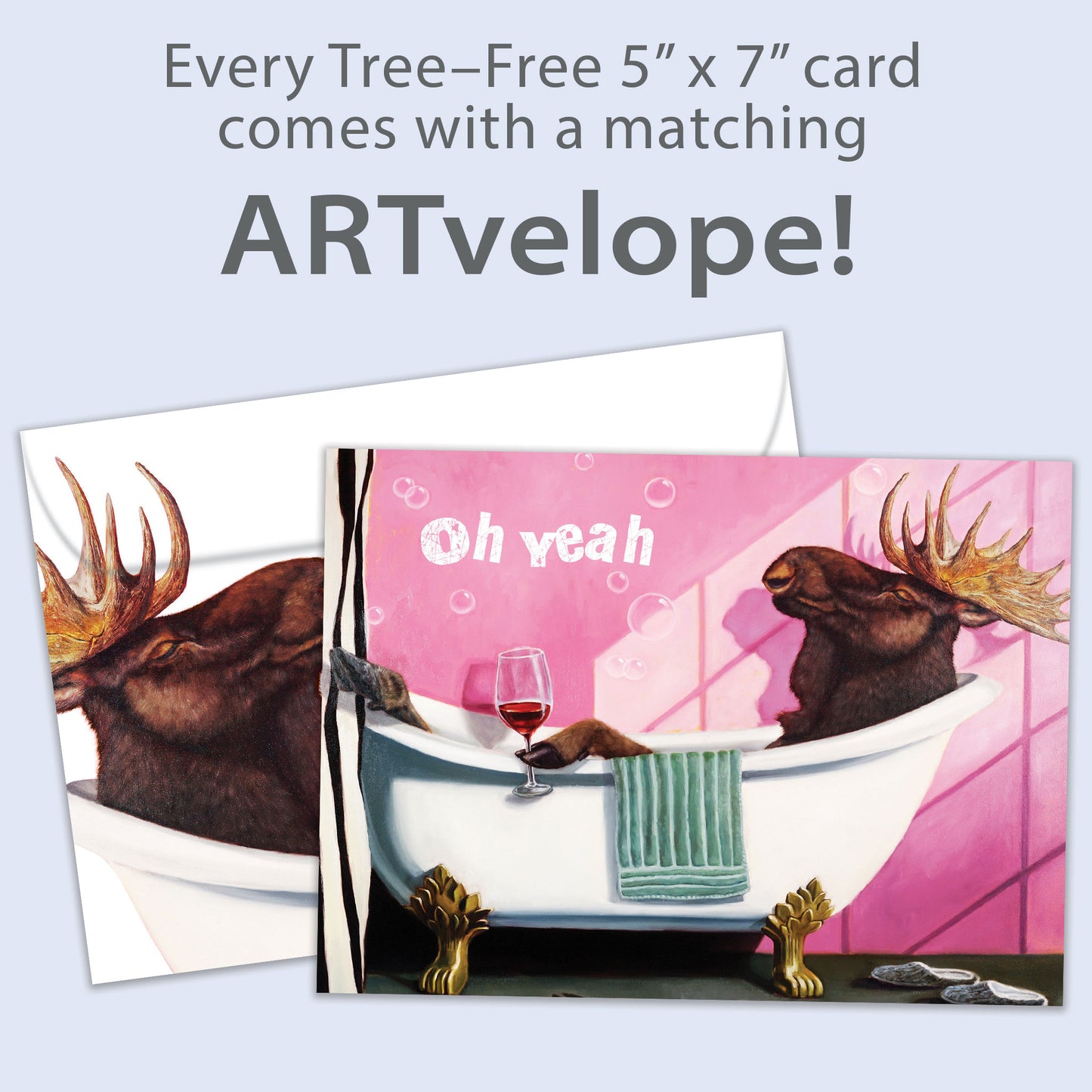 Front view of a Birthday greeting card featuring a moose relaxing in a bathtub, with matching envelope artwork.