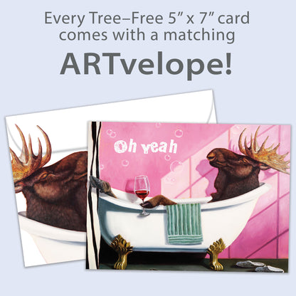 Front view of a Birthday greeting card featuring a moose relaxing in a bathtub, with matching envelope artwork.