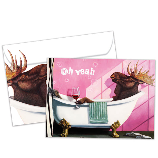 Front view of a Birthday greeting card featuring a moose relaxing in a bathtub, with a matching envelope.