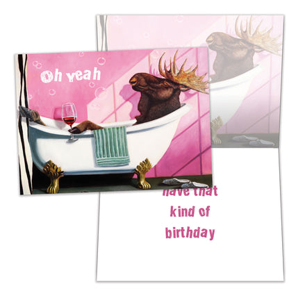 Front and inside view of a Birthday greeting card featuring a moose relaxing in a bathtub, with matching design details inside.