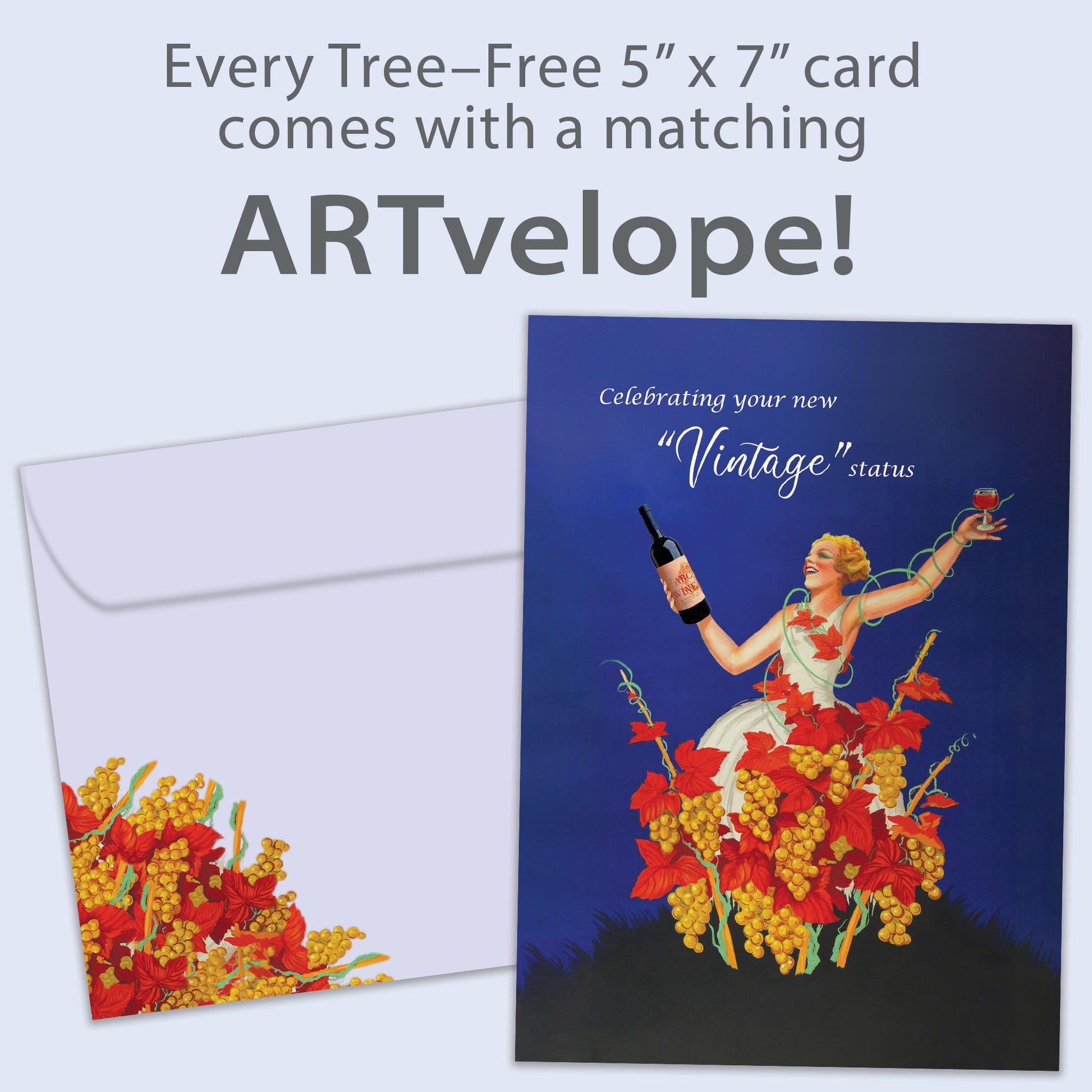 Front view of a Birthday greeting card featuring an illustration of a woman celebrating with wine and a message about vintage status, with matching envelope artwork.