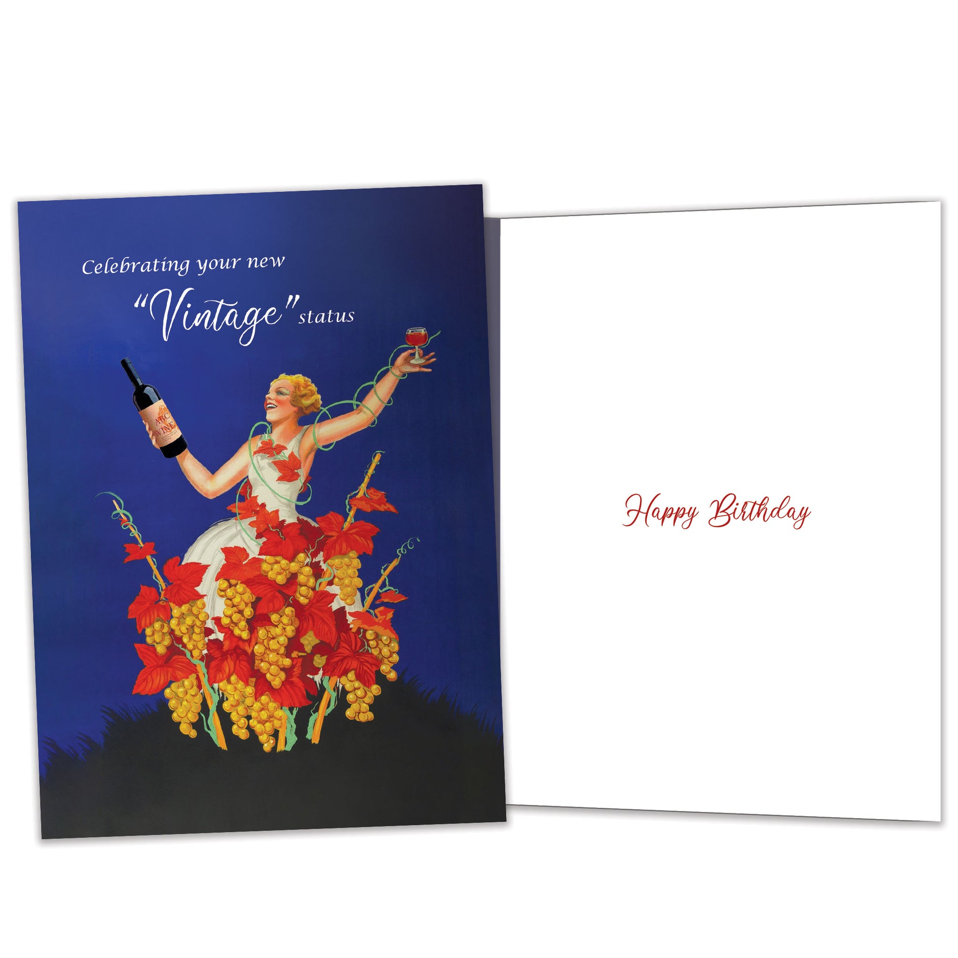 Front and inside view of a Birthday greeting card featuring an illustration of a woman celebrating with wine and a message about vintage status, with matching design details inside.