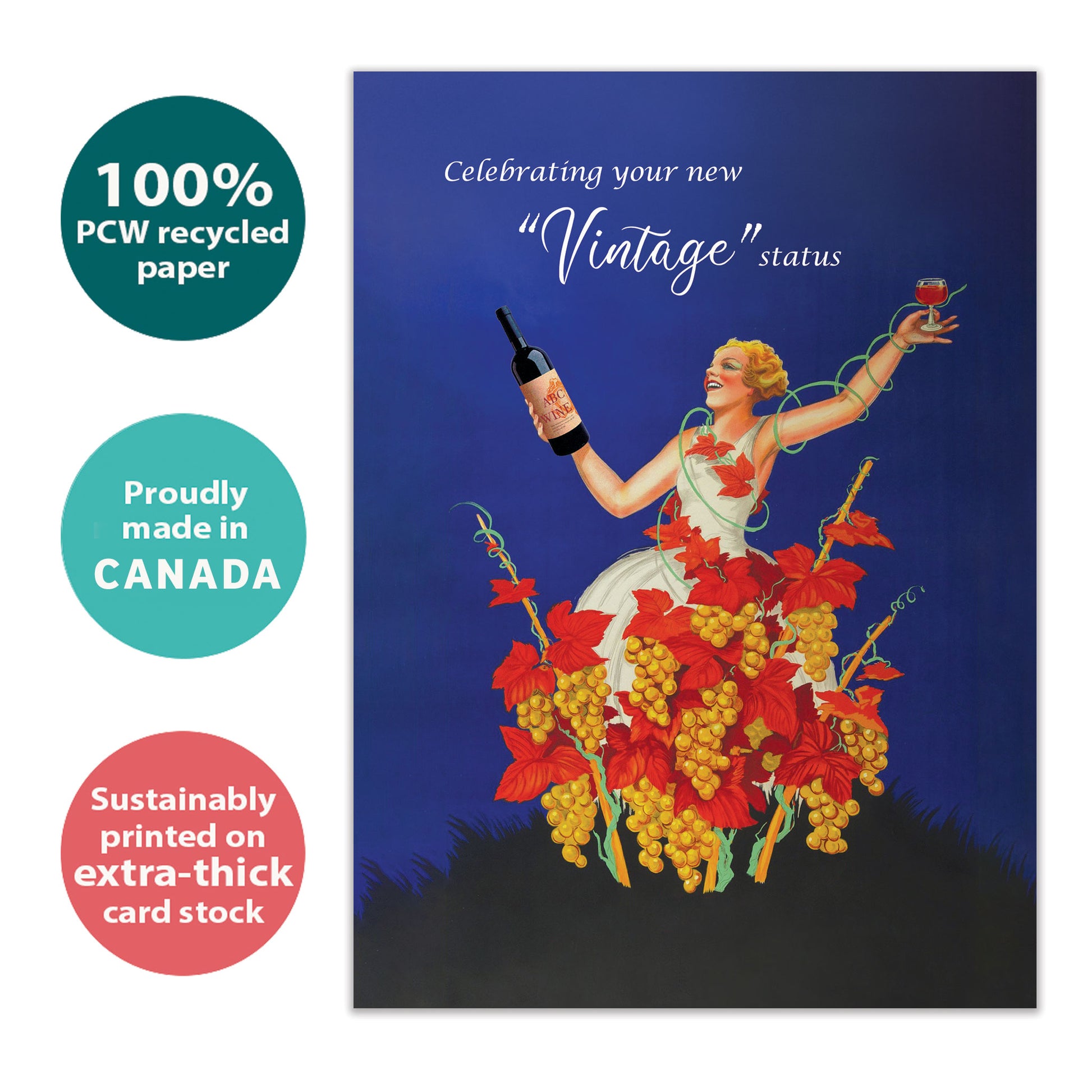 Front view of a Birthday greeting card with an illustration of a woman celebrating with wine and a message about vintage status, highlighting its eco-friendly materials and made in Canada.