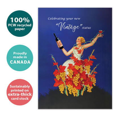 Front view of a Birthday greeting card with an illustration of a woman celebrating with wine and a message about vintage status, highlighting its eco-friendly materials and made in Canada.