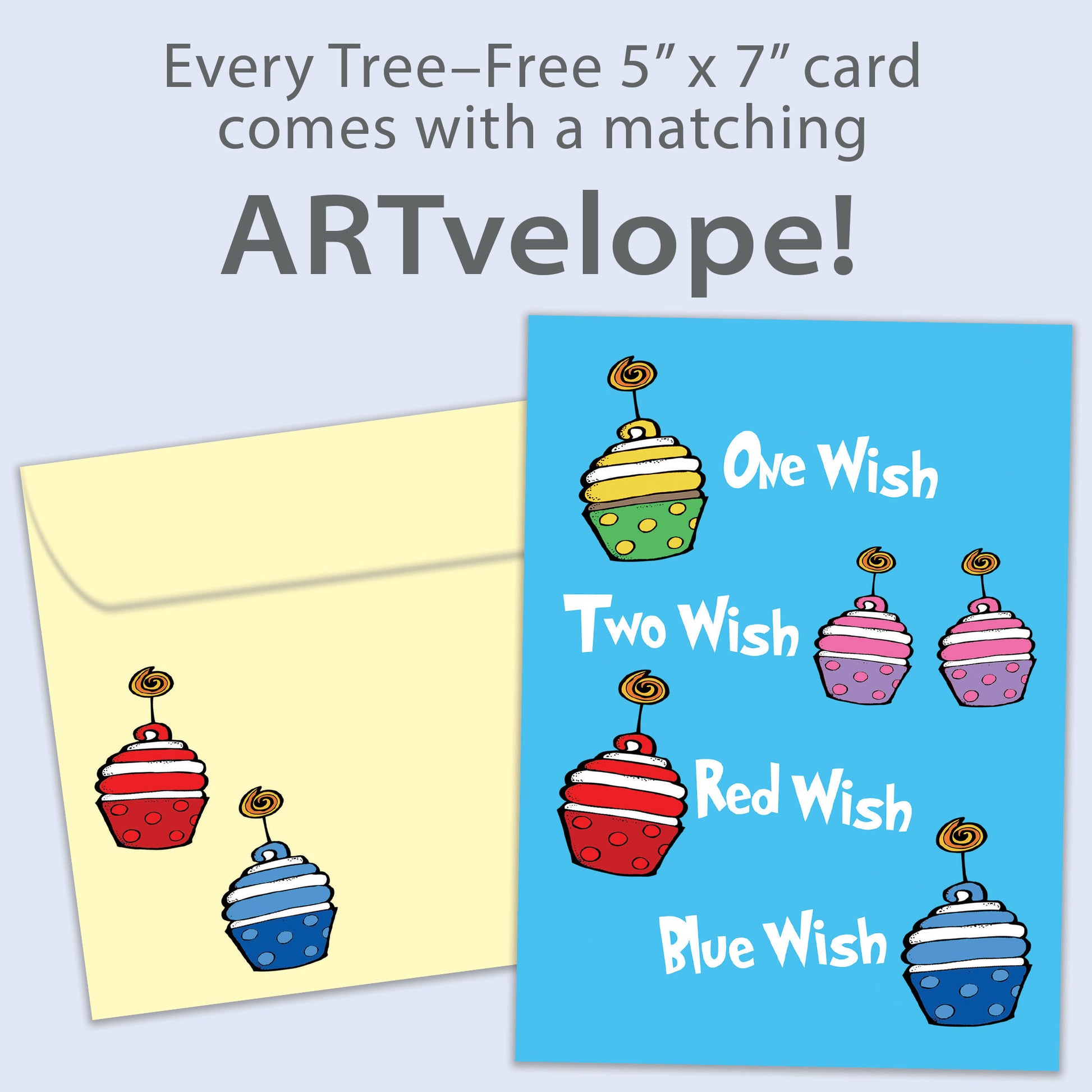Front view of a Birthday greeting card featuring the message "one wish, two wish, red wish, blue wish" with primary-coloured cupcakes on a light blue background, with matching envelope artwork.