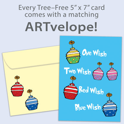 Front view of a Birthday greeting card featuring the message "one wish, two wish, red wish, blue wish" with primary-coloured cupcakes on a light blue background, with matching envelope artwork.
