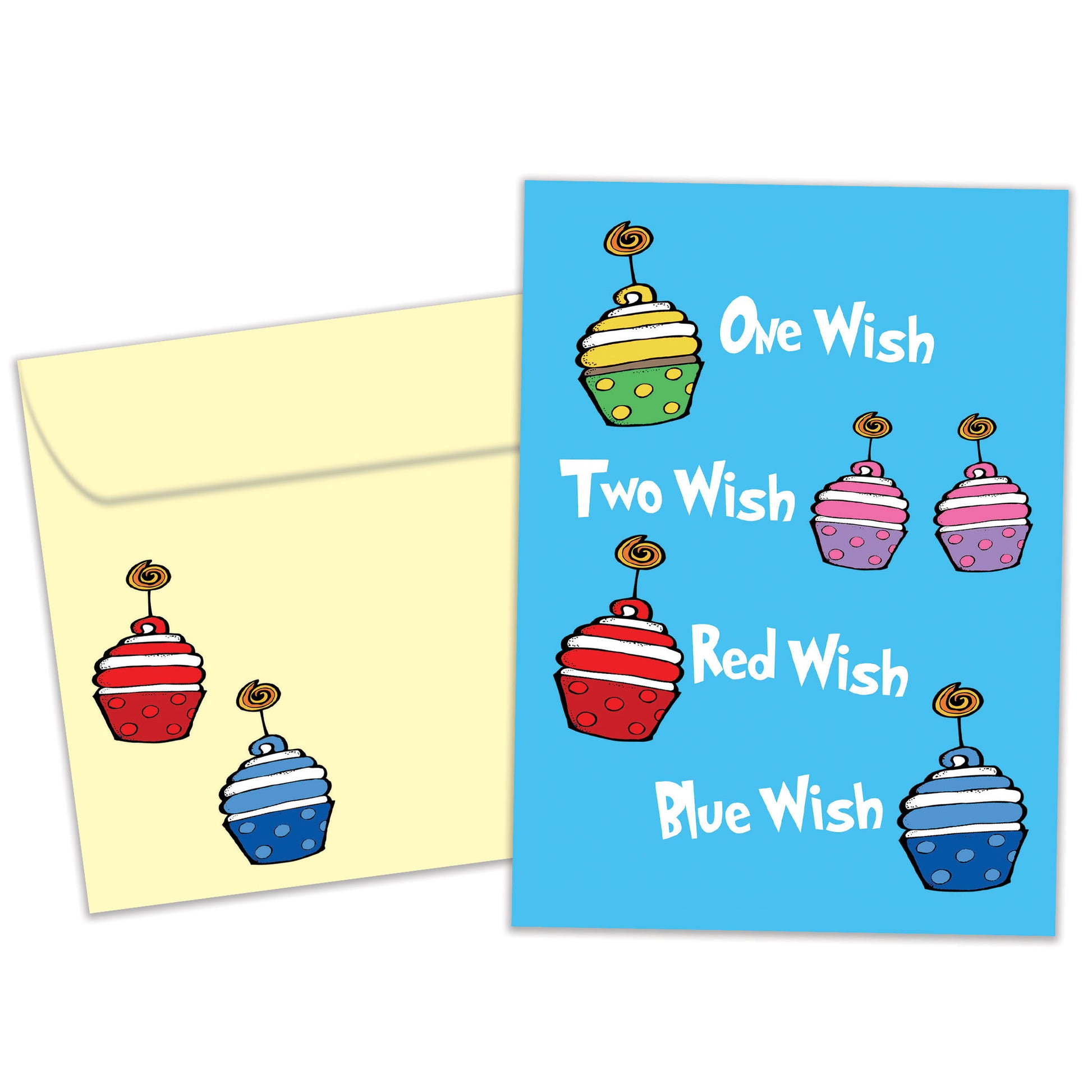 Front view of a Birthday greeting card featuring the message "one wish, two wish, red wish, blue wish" with primary-coloured cupcakes on a light blue background, with a matching envelope.