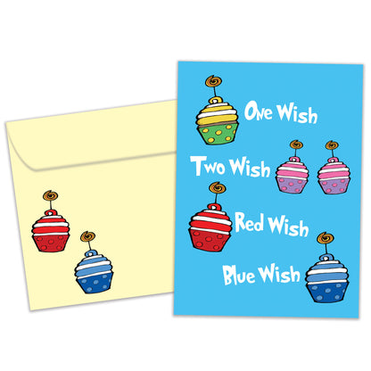 Front view of a Birthday greeting card featuring the message "one wish, two wish, red wish, blue wish" with primary-coloured cupcakes on a light blue background, with a matching envelope.