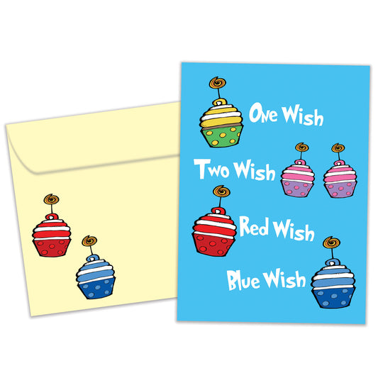Front view of a Birthday greeting card featuring the message "one wish, two wish, red wish, blue wish" with primary-coloured cupcakes on a light blue background, with a matching envelope.