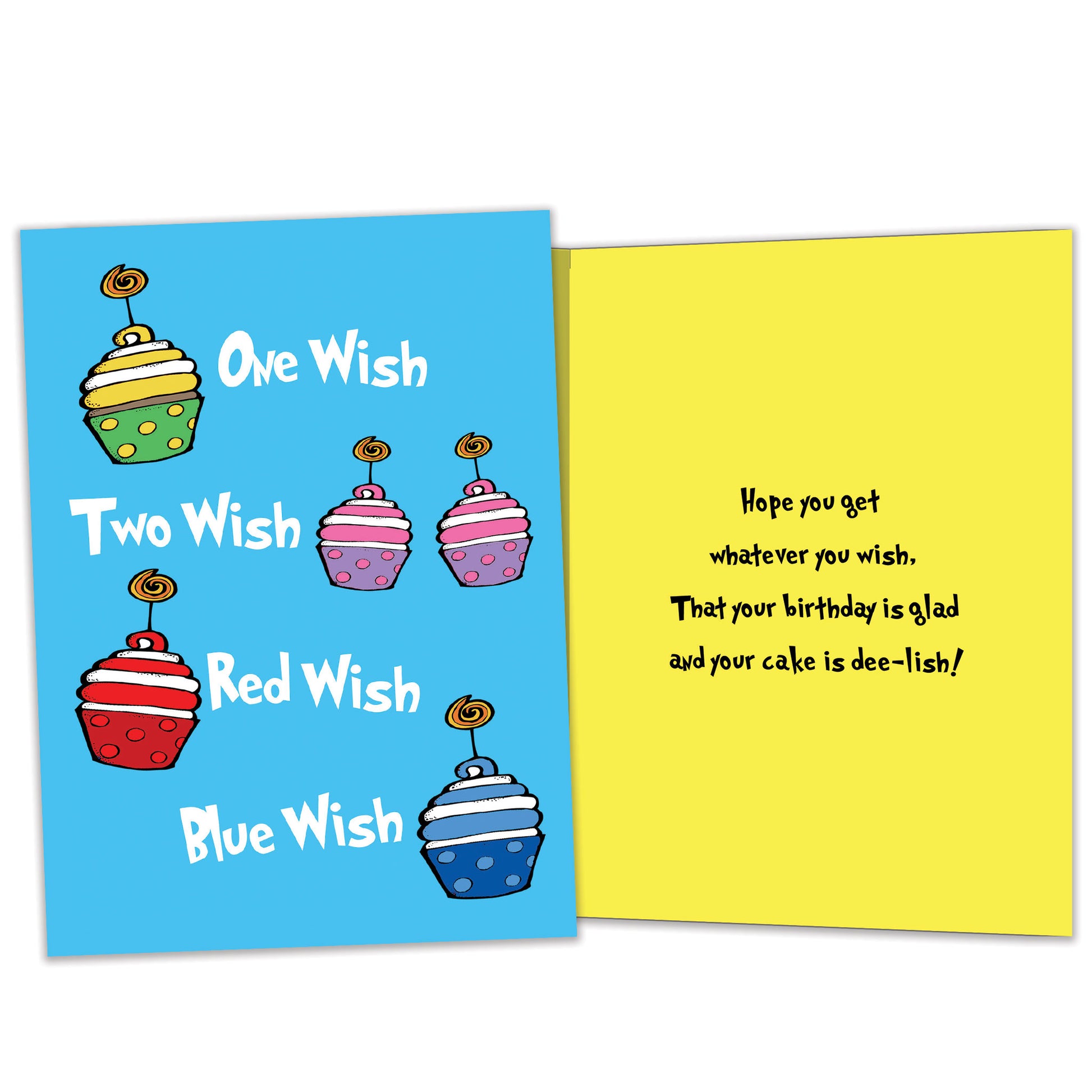 Front and inside view of a Birthday greeting card featuring the message "one wish, two wish, red wish, blue wish" with primary-coloured cupcakes on a light blue background, with matching design details inside.