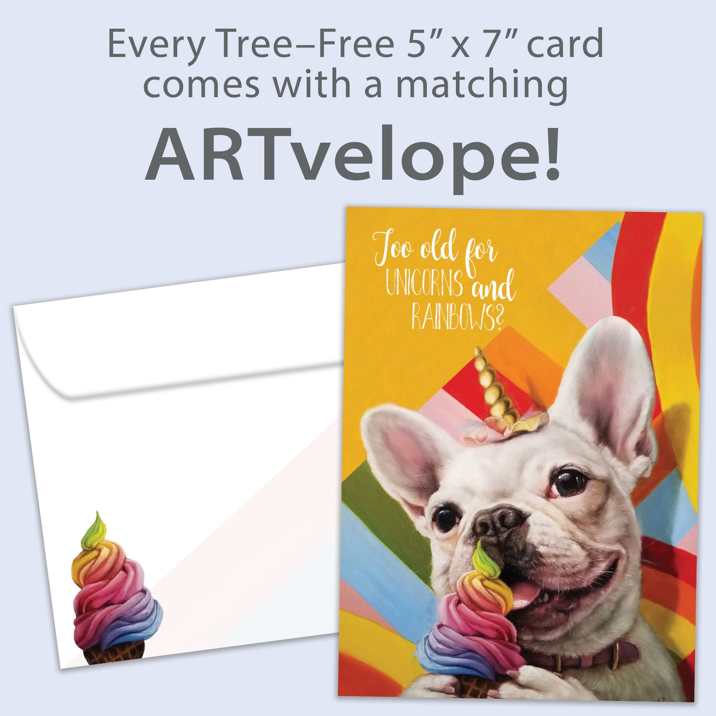 Front view of a Birthday greeting card featuring a dog eating ice cream and wearing a unicorn hat, with matching envelope artwork.