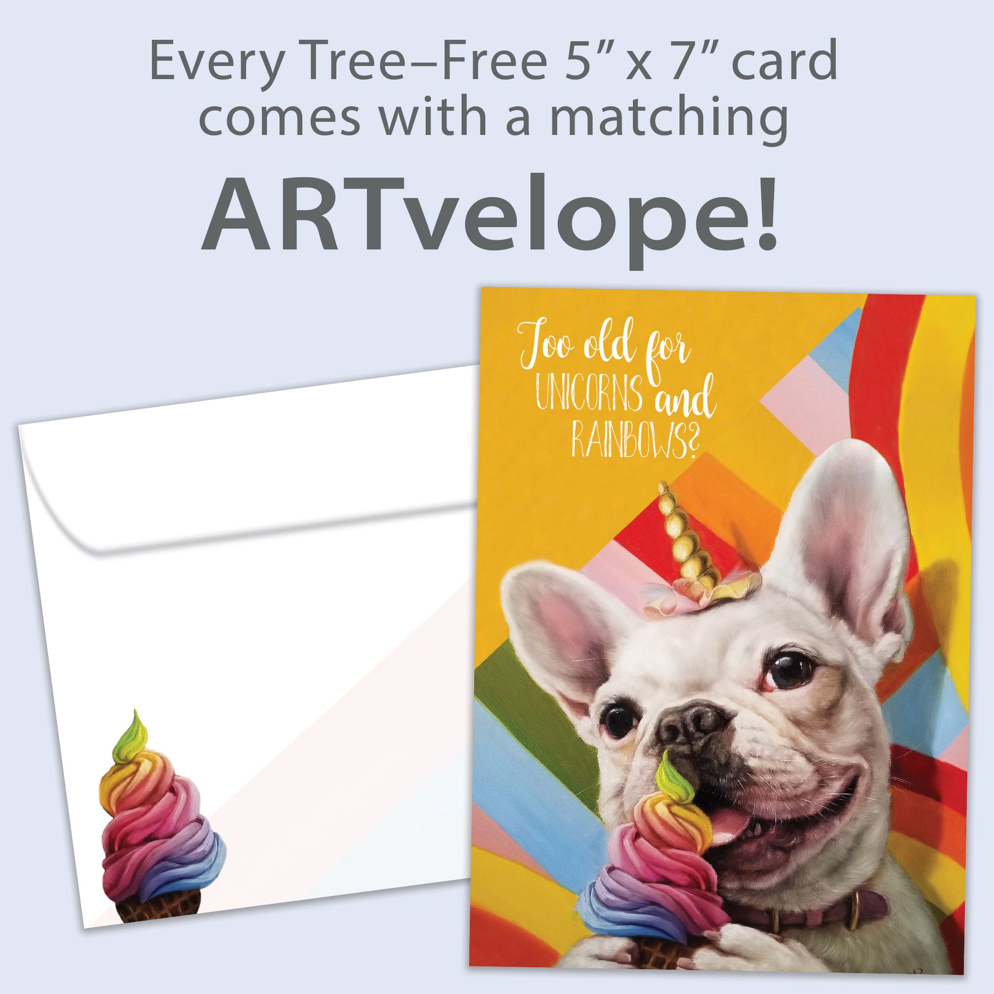 Front view of a Birthday greeting card featuring a dog eating ice cream and wearing a unicorn hat, with matching envelope artwork.