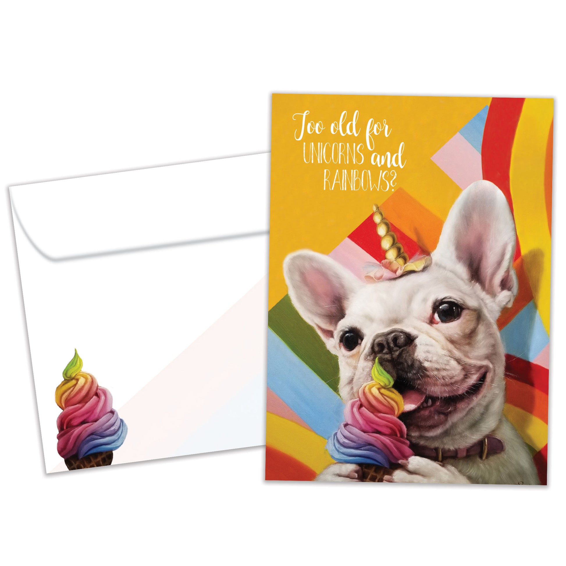 Front view of a Birthday greeting card featuring a dog eating ice cream and wearing a unicorn hat, with a matching envelope.