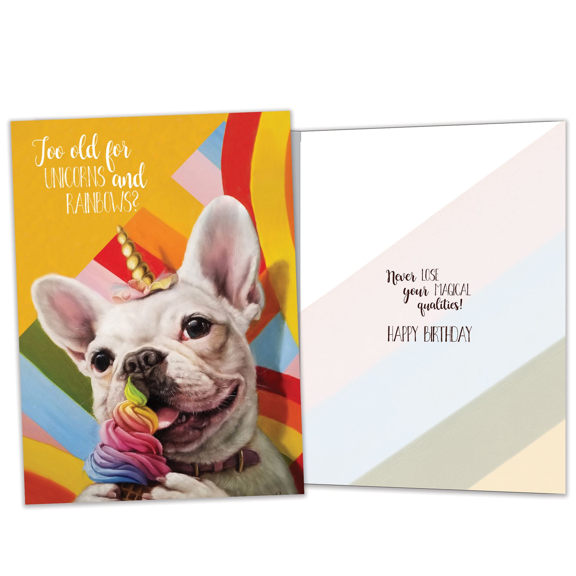 Front and inside view of a Birthday greeting card featuring a dog eating ice cream and wearing a unicorn hat, with matching design details inside.