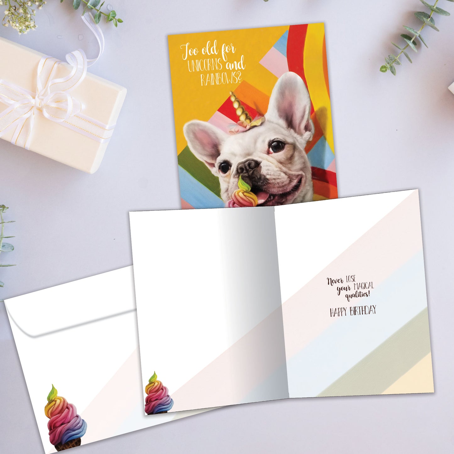 Front and inside view of a Birthday greeting card showcasing a dog eating ice cream and wearing a unicorn hat, with a matching envelope.