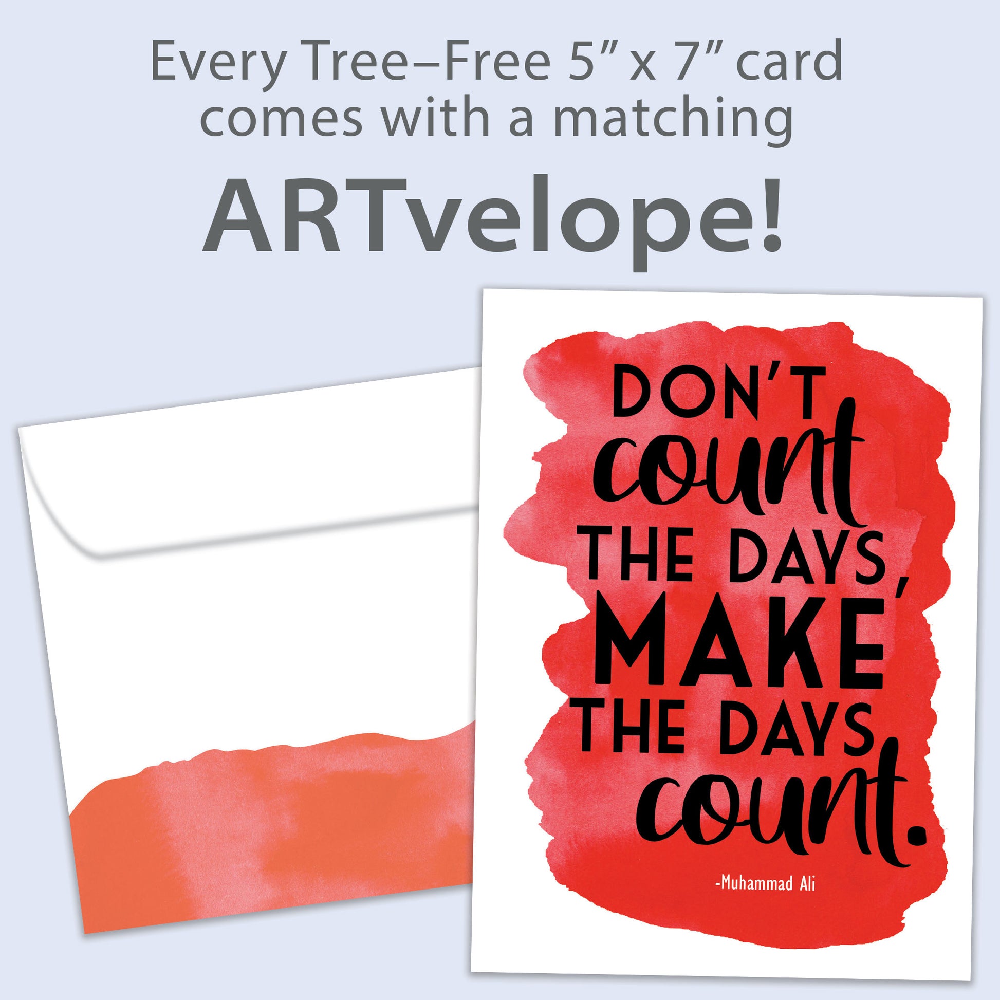 Front view of a Birthday greeting card featuring the words "don't count the days, make the days count" on a red background, with matching envelope artwork.