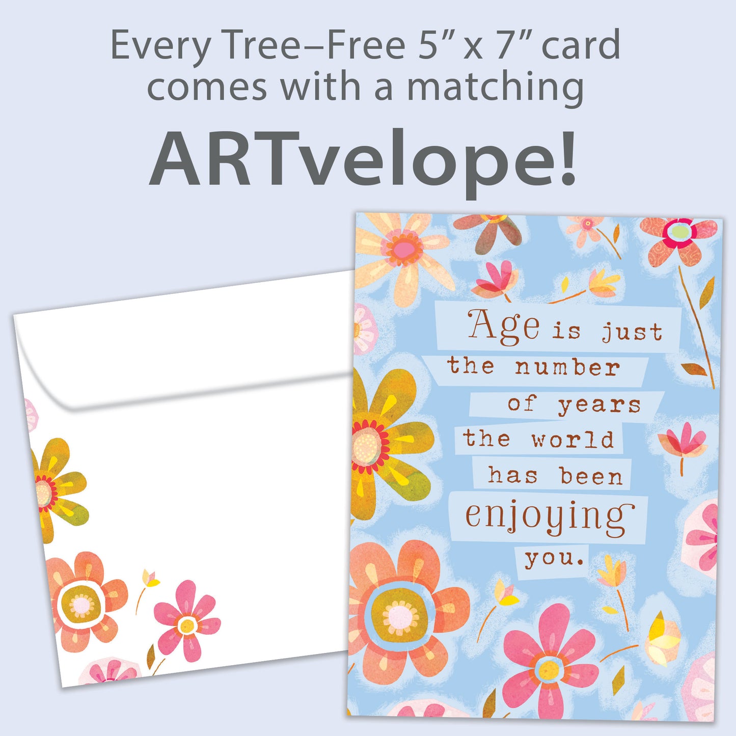 Front view of a Birthday greeting card featuring pastel-colored flowers surrounding a message about age being just a number, with matching envelope artwork.