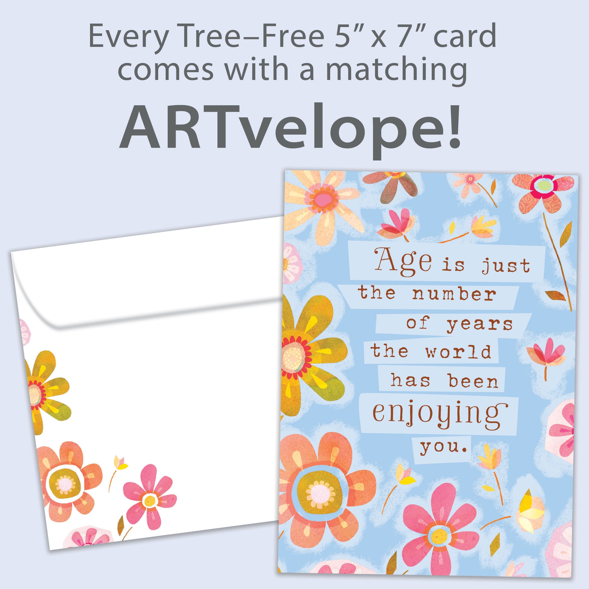 Front view of a Birthday greeting card featuring pastel-colored flowers surrounding a message about age being just a number, with matching envelope artwork.