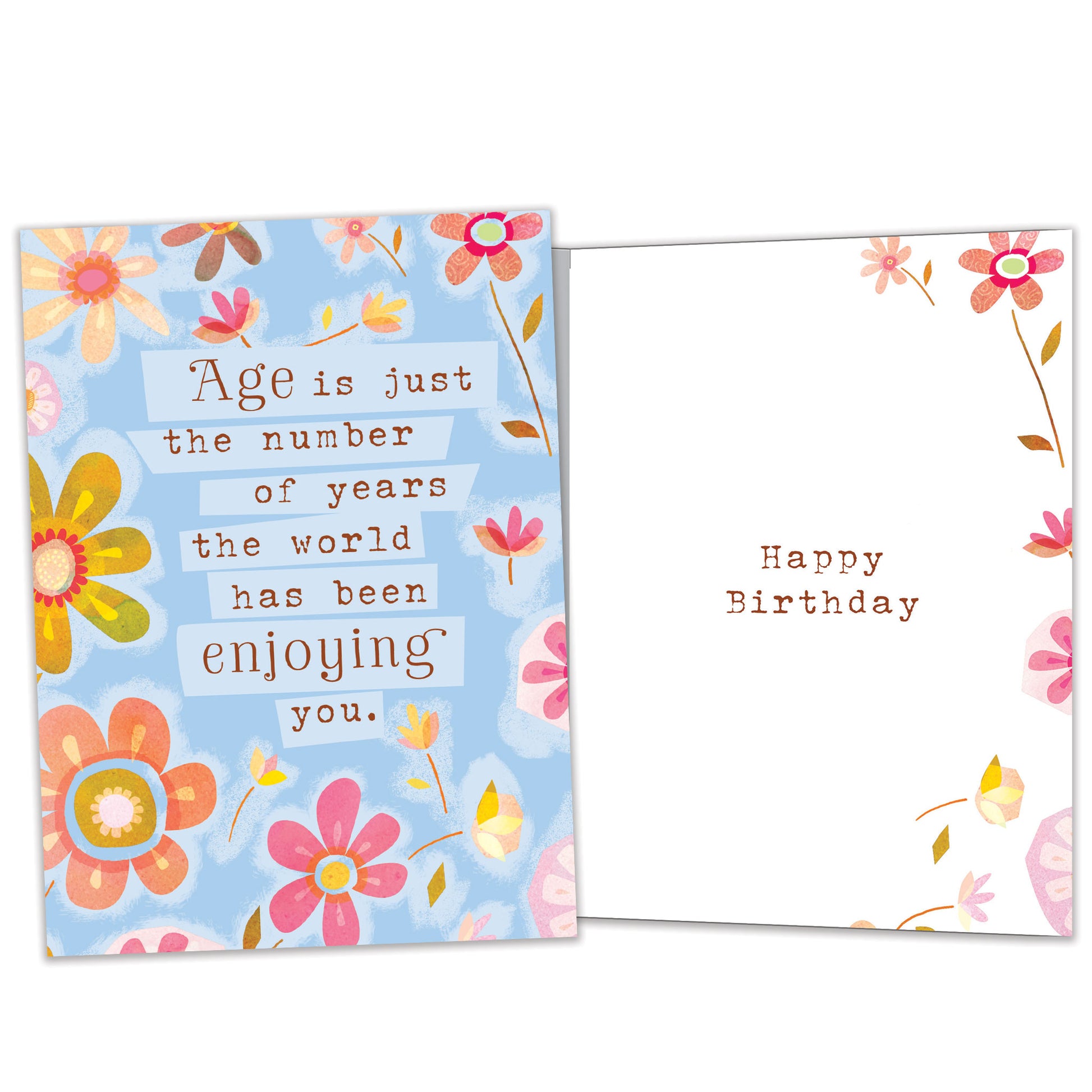 Front and inside view of a Birthday greeting card featuring pastel-colored flowers surrounding a message about age being just a number, with matching design details inside.