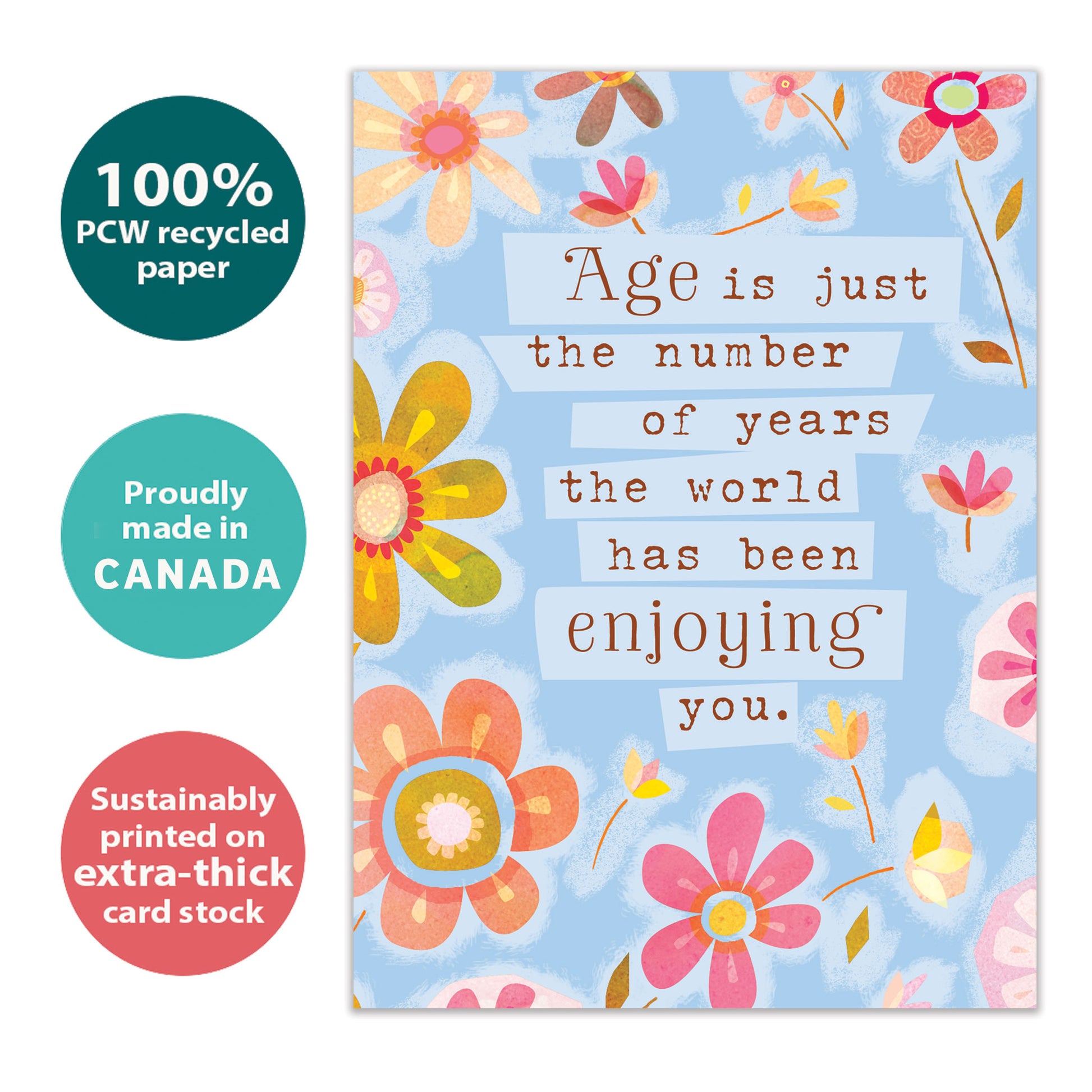 Front view of a Birthday greeting card with pastel-colored flowers and a message about age being just a number, highlighting its eco-friendly materials and made in Canada.